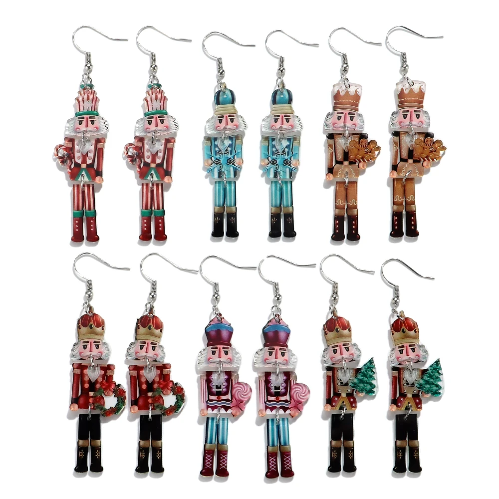 Funny Acrylic Nutcracker Soldier Long Drop Earrings for Women Cute Cartoon Character Dangle Earring Christmas Jewelry Gifts