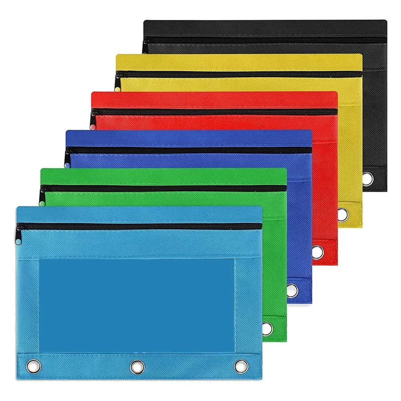 

6 Pack Colorful 3 Ring Zipper Pencil Pouch Fabric Pencil Case Sturdy AU Durable Binder Pouch with Clear Window Suitable