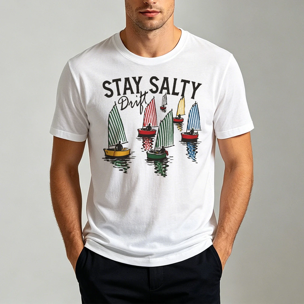 Stay Salty Drift Colorful Striped Sailboats Water Reflection Graphic Men Summer Cotton T Shirt Nautical Sailing Short Sleeve Tee