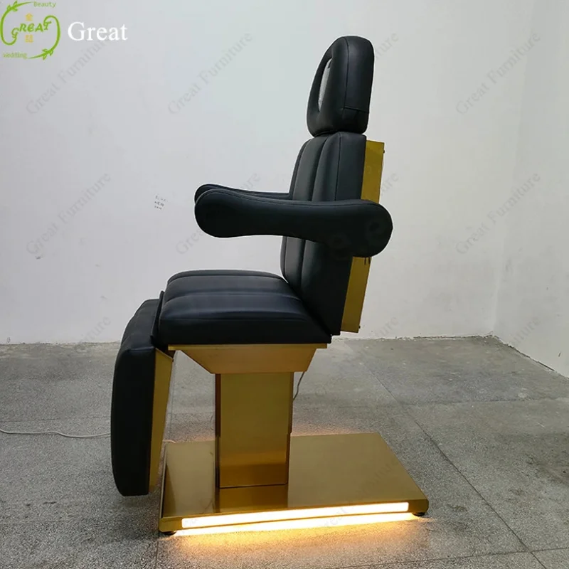 Luxury Gold Base 4 Motors Massage Bed Adjustable Modern SPA Salon Black Lash Bed LED Lamp Synthetic Leather