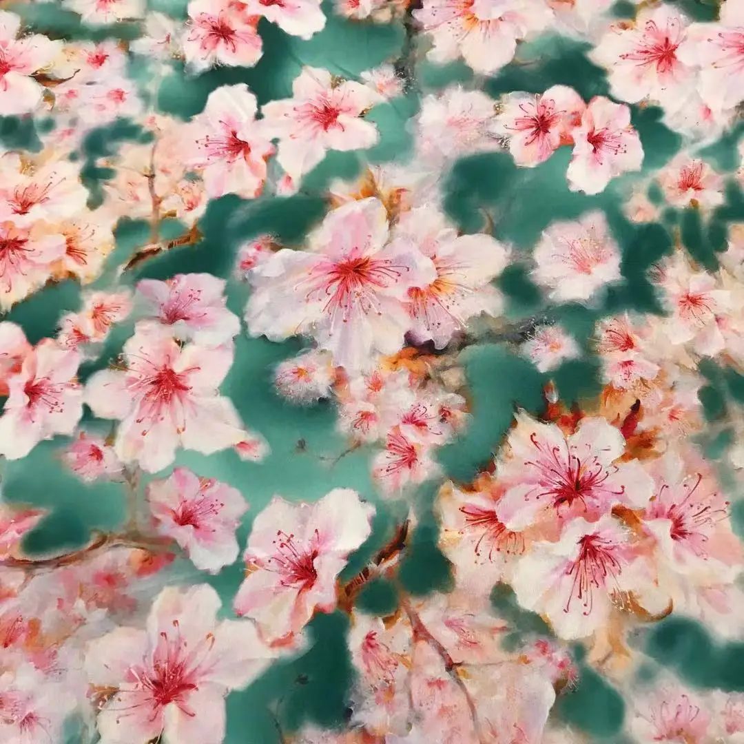 

1 метр 100% шелковой ткани из тутового шелкопряда, 14 момме, креп-шелк, с зеленым цветочным принтом, ширина 140 см (44 дюйма), продается на метры, XX075