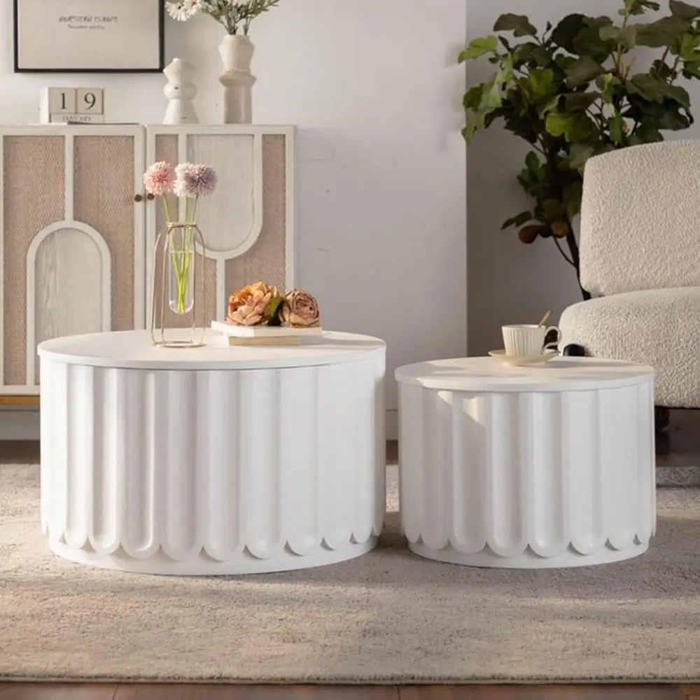 

White Round Nesting Coffee Table Set of 2 with Storage and Lid, Curved Edge Design for Living Room