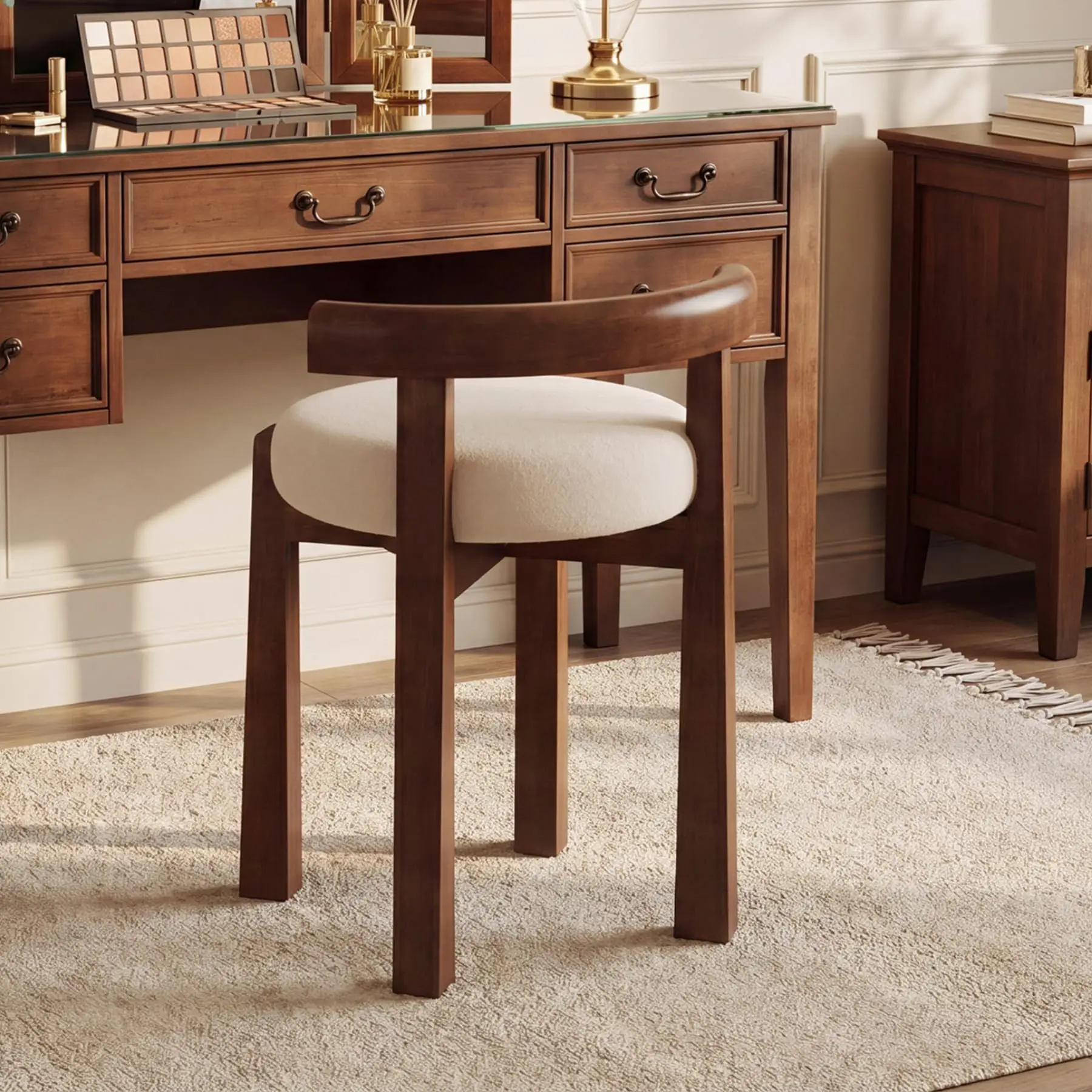 Wood Vanity Stool with Faux Wool Cushion, Upholstered Makeup Chair with Solid Wood Frame, Round Vanity Ottoman Seat for Makeup,