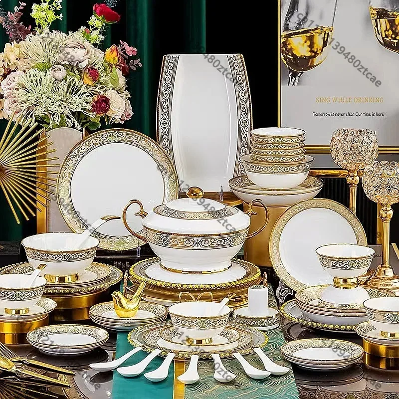 38/58 Pcs Light Luxury European Relief Gold Ceramic Dinnerware Set, Plates Bowls Chopsticks Complete Tableware