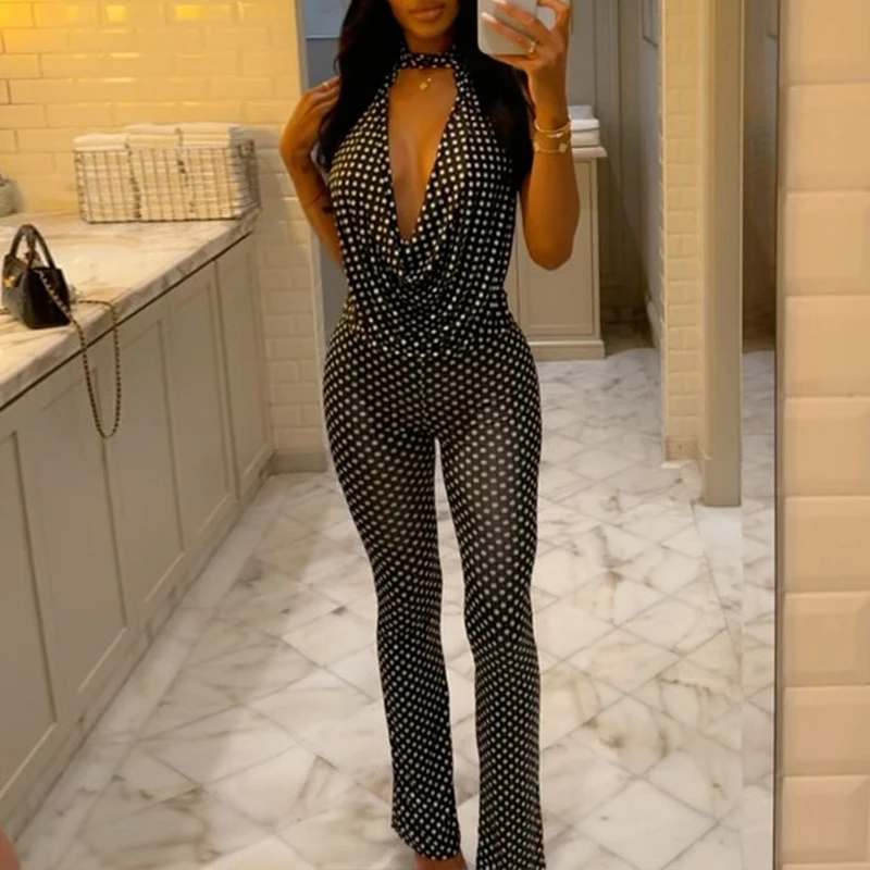 OMSJ Casual Temperament Halter Swinging Neck Off-shoulder Backless Polka Dot Slimming Contrast Jumpsuit Party Streetwear Rompers