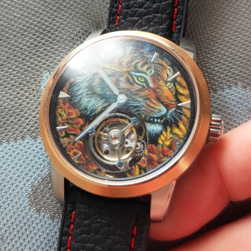 Solitary product Hand drawn dial Tourbillon watch  Watchmaker 43mm  Stainless steel case handwind art collection