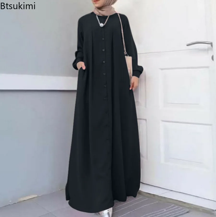 2024Spring Autumn Maxi Long Dress Women Muslim Long Sleeve Dress Loose Casual Dresses Vintage Hijab Islamic Clothing Caftan Robe