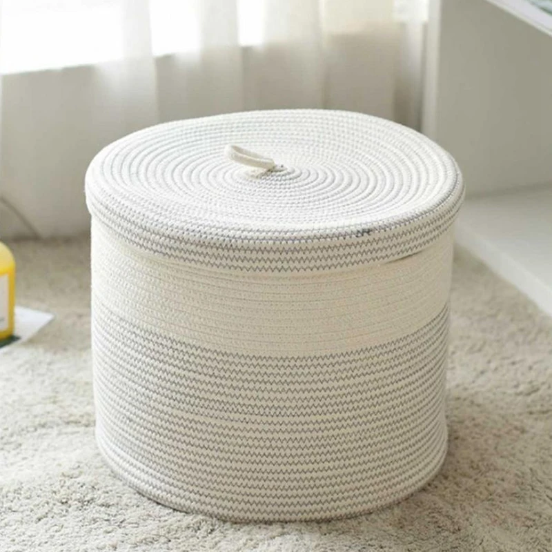 Cotton Rope Woven Laundry Basket with Lid Kids Plush Toys Storage Organizer Dirty Clothes Basket Sundries Storage Barrel
