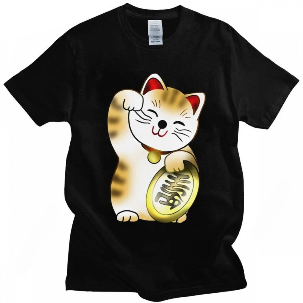 Funny Calico Maneki Neko Lucky Cat With Coin Tee Top Men Cotton Popular T Shirt Loose Fit Clothing T-Shirts Clothes