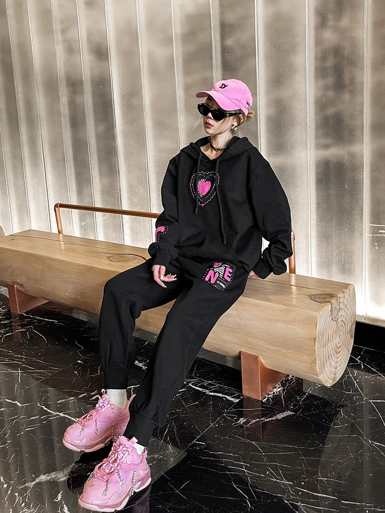

Women's Hooded Fce Sweatirt Set 2024 Autumn Winter New Sle Warm Outerwear Loose Sweatpants Two-Piece Set