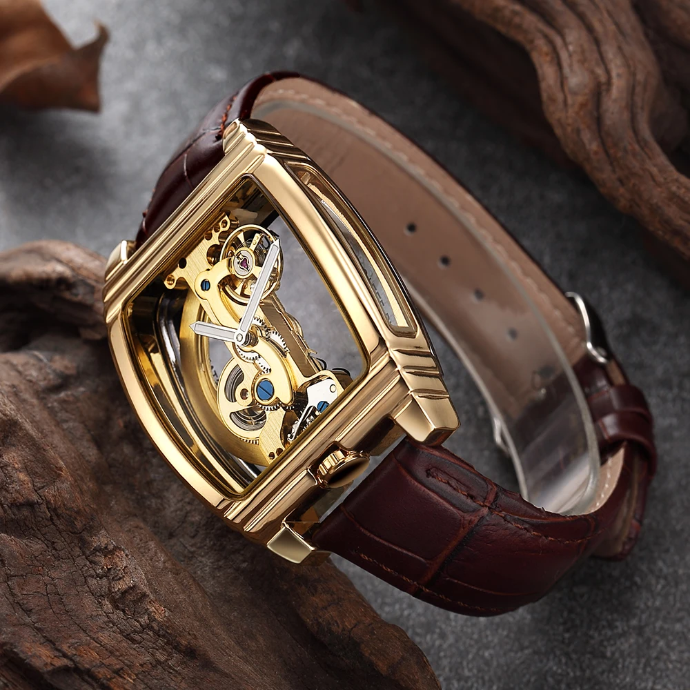 

Fashion Tonneau Dial Transparent Watches Men Gold Tourbillon Watches Men Automatic Mechanical Wristwatches Montre Homme SHENHUA