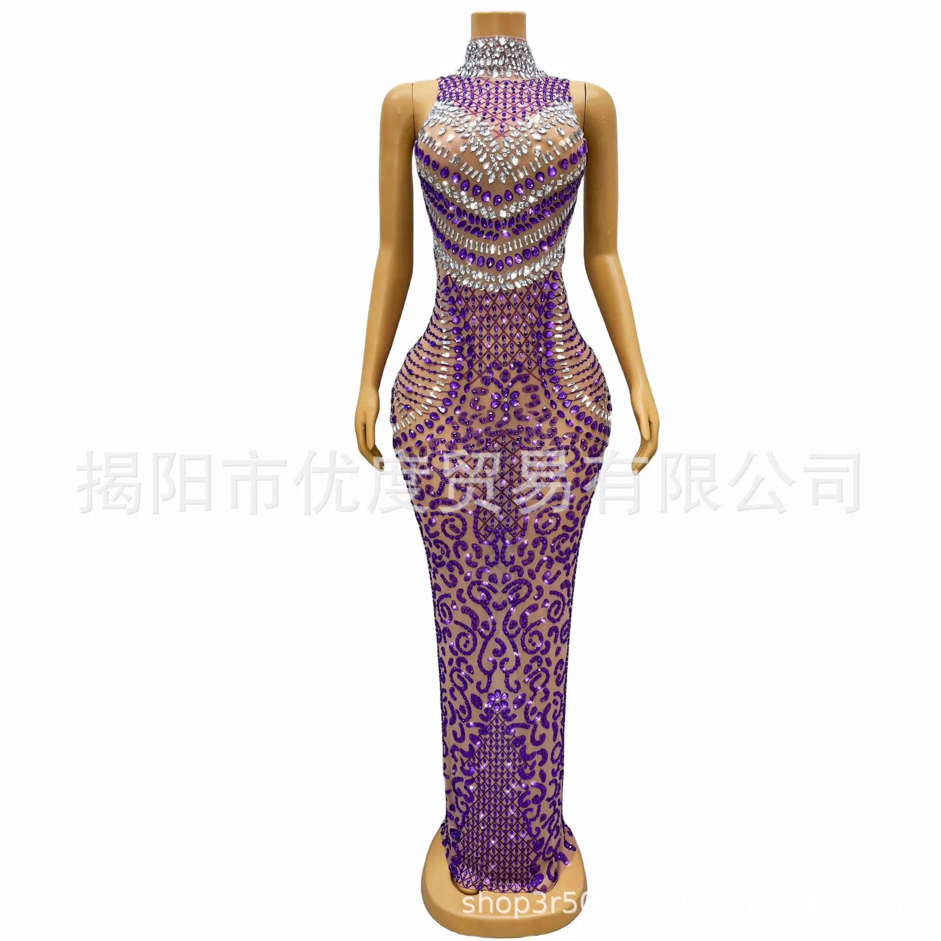 

High-necked Sleeveless Small Checkered Rhinestones Tight-fitting Perspective Mesh Birthday Clothes Cocktail Party Dance Dress