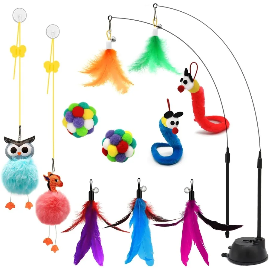 4in1インタラクティブキャットトイセット、吸盤付きワンド、吊り下げ式キャットトイ、釣り竿キャットワンド、子猫用おもちゃ、交換可能な様々な種類が含まれています