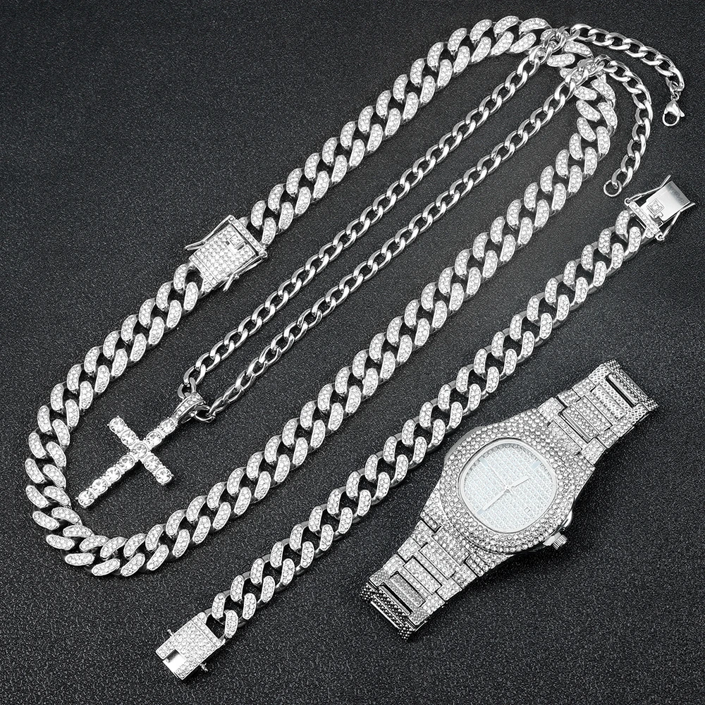 5pcs Stylish Silver Hip-hop Watch Set Men Women Iced Out Watch+Cross Pendant Necklace+Cuban Chain&Bracelet Trend Jewelry Gift