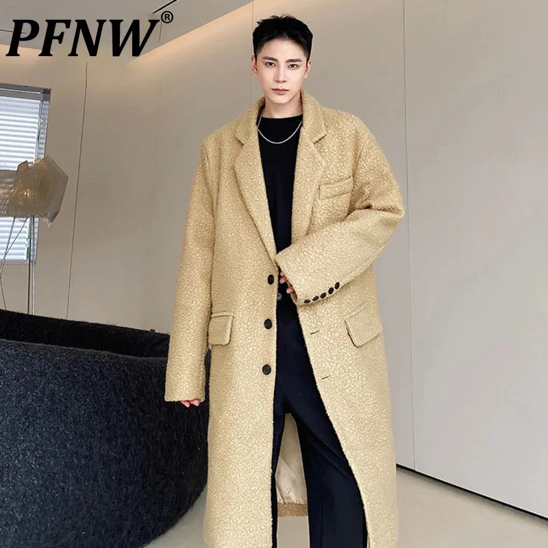 

PFNW Korean New Fashion Male Woolen Coat Thickened Men's Overcoat Solid Color Trend Simple Handsome Trench 2024 Winter 9A6460