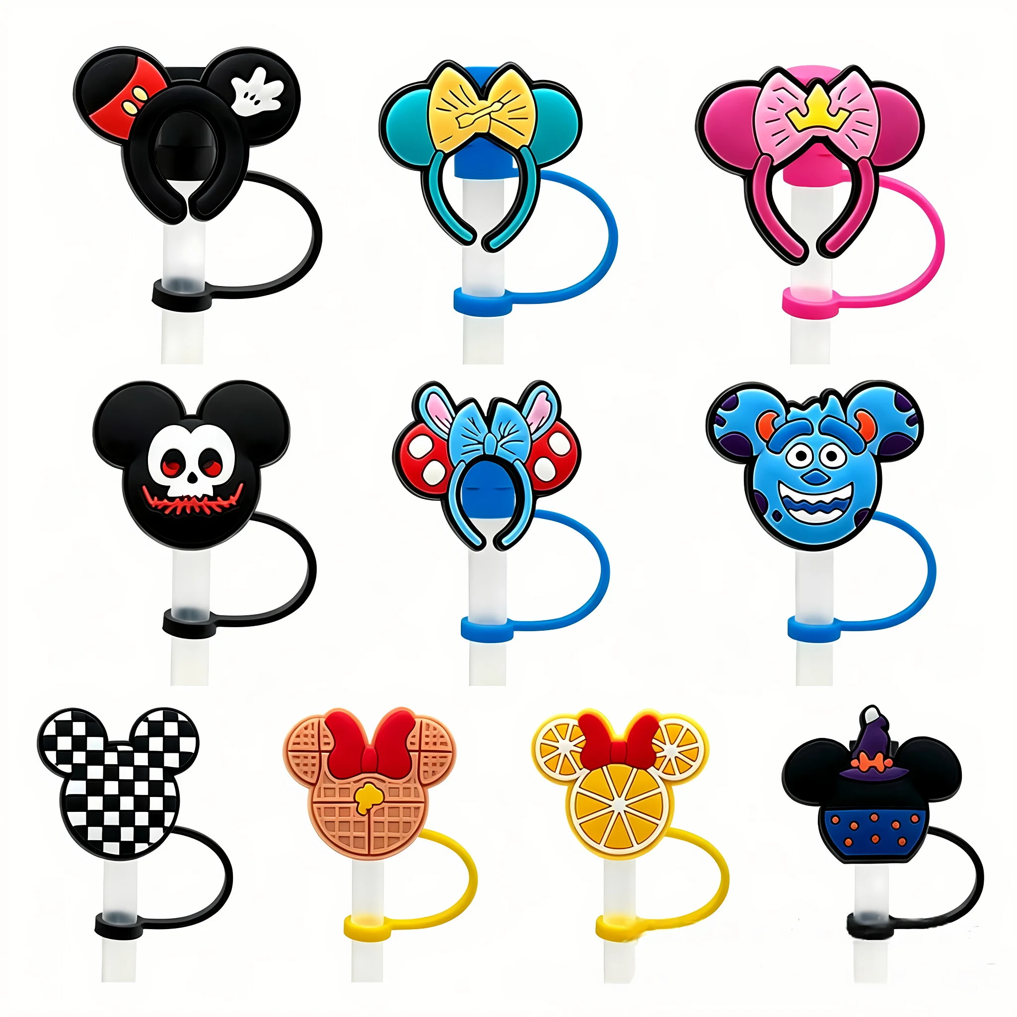 11Pcs Mesuca Cute Mouse Ears Silicone Straw Topper, 10mm 0.4In Dust‑Proof Straw Cover Cap With Anti‑Lost Lanyard, BPA‑Free Food‑Grade Straw Plug Accessories For Stanley 40oz Tumbler, Random Pattern, Party Decor Gift