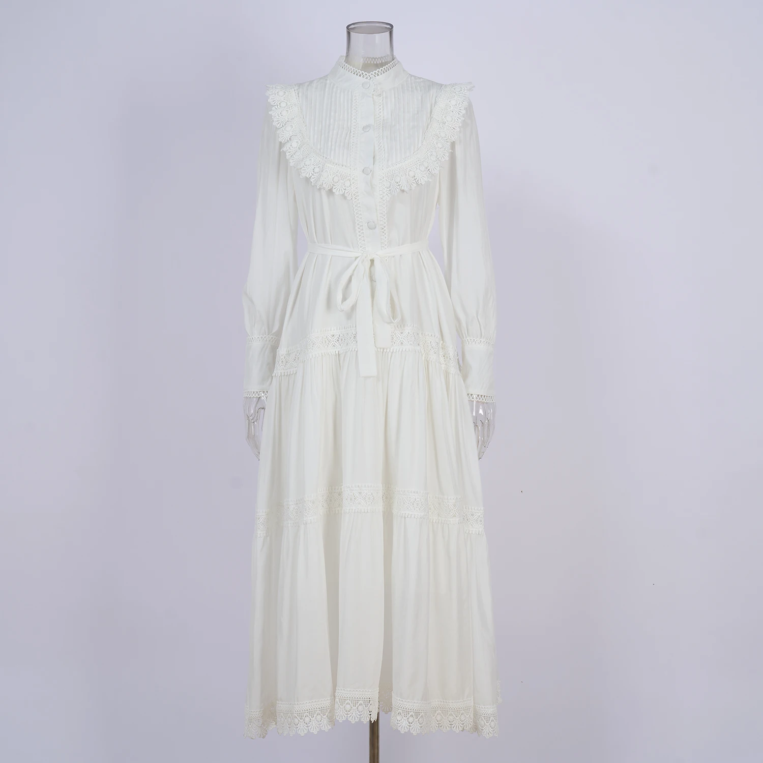 Fashion Elegant Hollow Out Embroidery Long Prom Dress Women's Stand Ruffles Lace Lantern Sleeve Single Breasted Long Vestidos
