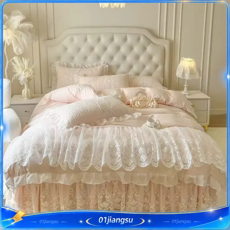 4 6Pcs Pink Princess Wedding Lace Embroidery Bedding Set Korean Style Duvet Cover Bed Skirt Pillowcase King Queen Size Home