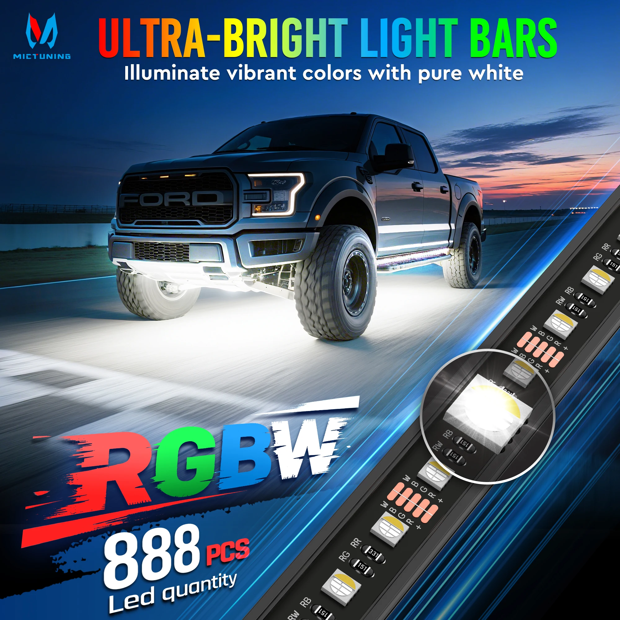 RGBW Car Underglow Light Strip 12V LED Underbody Ambient Light with Aluminum Housing, Car Exterior Neon Accent IP68 Waterproof