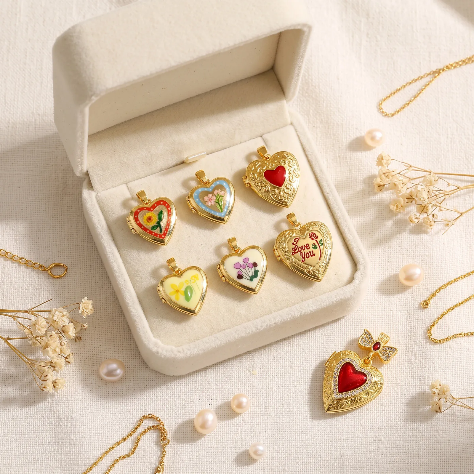 1 Stück Messing Valentinstag Bild-Foto-Medaillon-Anhänger Herz Blume 18K Vergoldet Öffnbar Charms DIY Halskette Großhandel – Detail 4