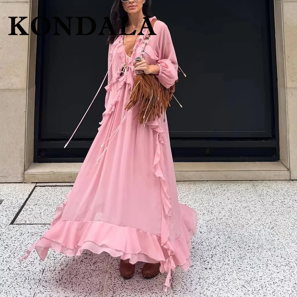 Kondala 2025 verão casual em camadas vestidos femininos rendas com decote em v vestido drapeado manga longa solta moda mujer vestidos