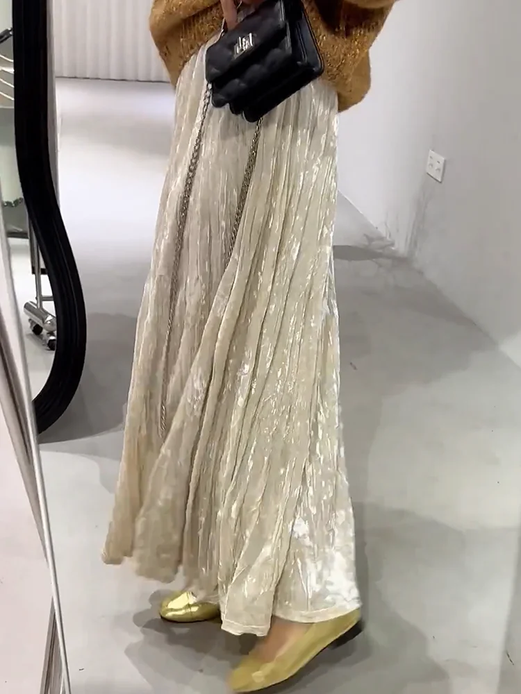 

Chestnut Velvet A-Line Skirt Women's High Waist Slimming Autumn Winter Drapey Design Pleated Long Skirt Commute Korean Sle