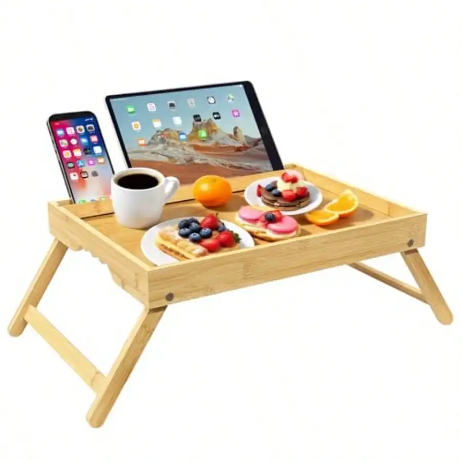 Bamboo Folding Bed Tray Table - Portable Breakfast/Laptop Desk for Bed/Sofa w/Phone Holders & Media Slot, Natural
