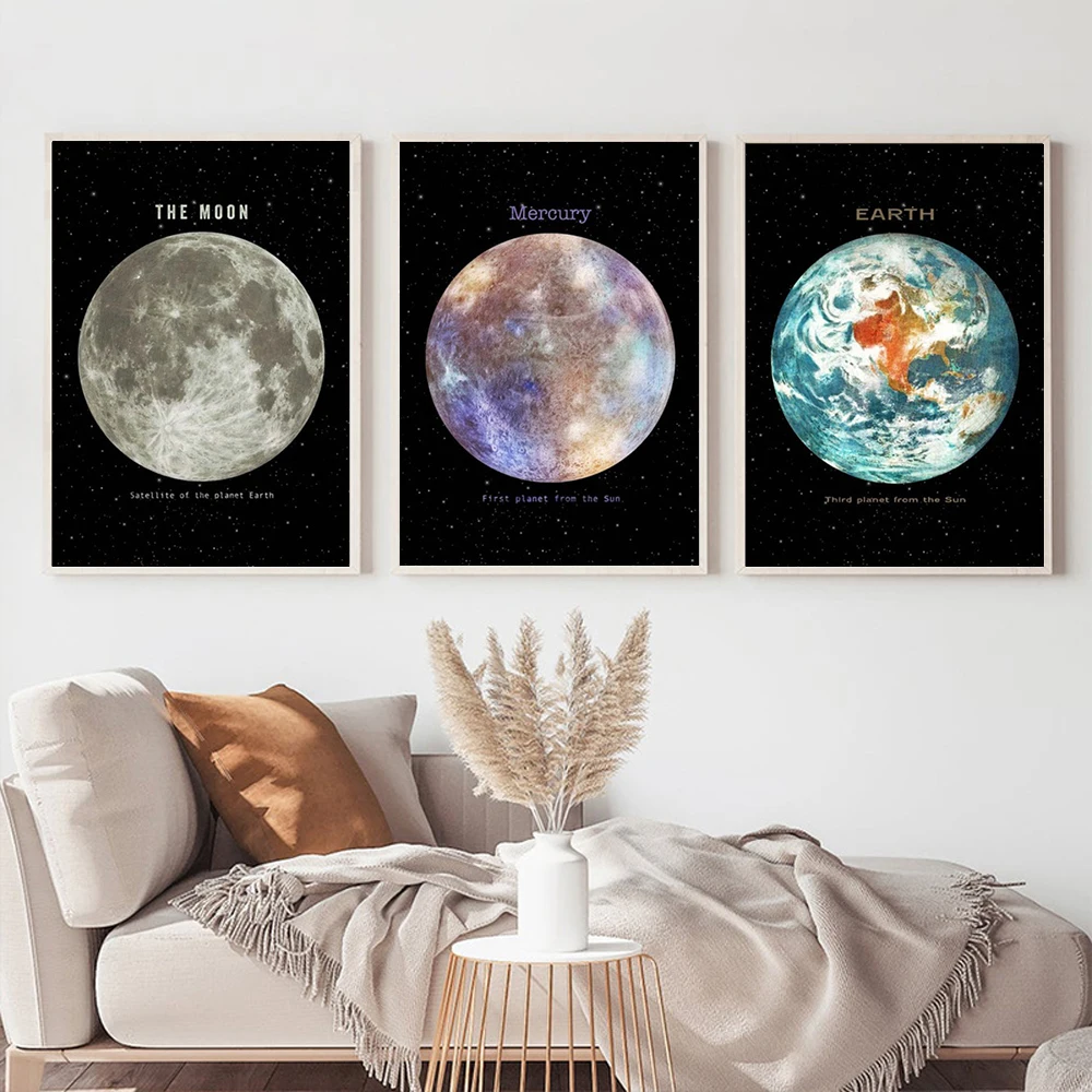 Sun Earth Venus Mars Moon Mercury Planet Nordic Poster Living Home Decor Wall Art Prints Canvas Painting Kids Room Mural Picture