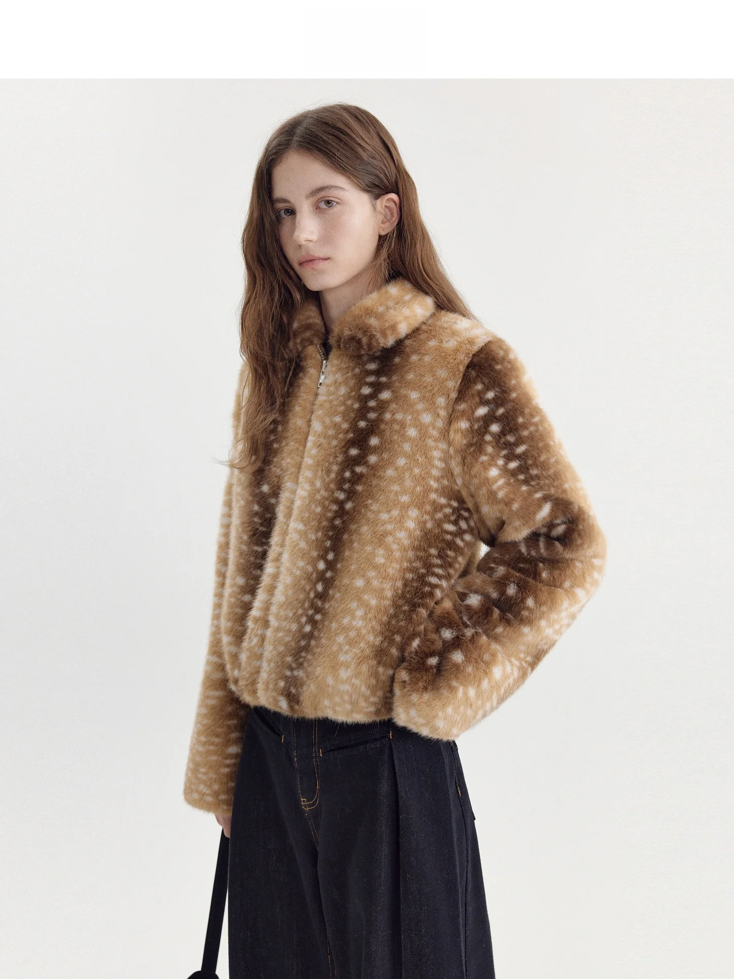 Fano Winter Aosphere Caramel Brown "Deer Spot Pattern Diamond Quilted Eco-friendly Fur Coat Casual Loose Fit Long Sve Z...