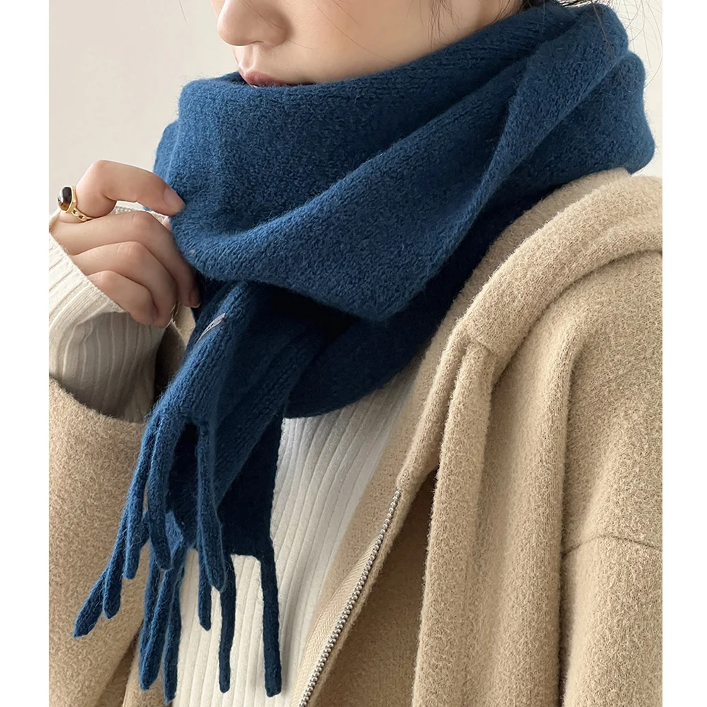 2024 Women Winter Warm Cashmere Scarves Solid Color Tassels Hem Vintage Women Beige Scarf Female Scarves