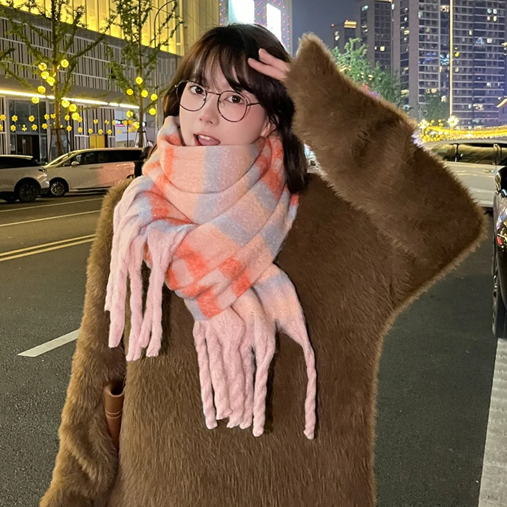 

Korean Style Rainbow Cashmere Shawl Windproof Colorful Long Wool Tassel Scarf Warm Thickened Knitted Stripe Scarf Women/Men