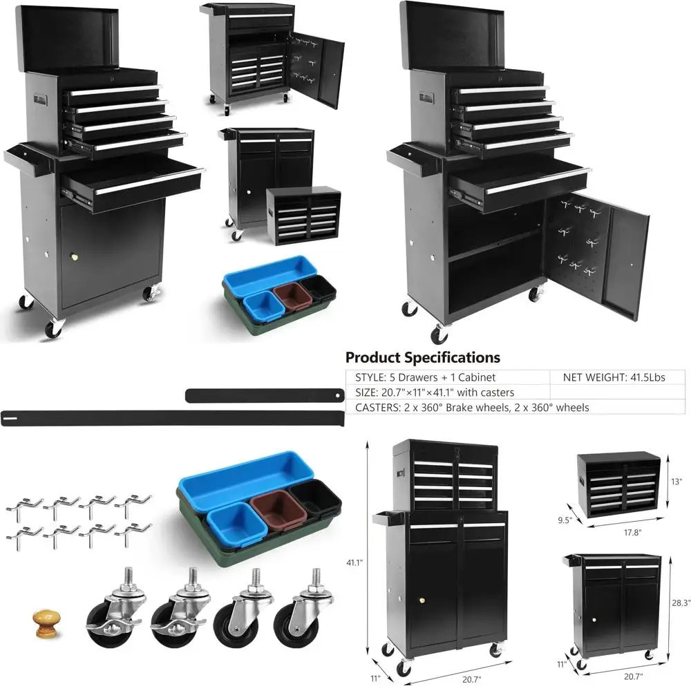

Съемный 5-ящикный органайзер для гаражных мастерских с большим шкафом для хранения, регулируемой полкой, черный