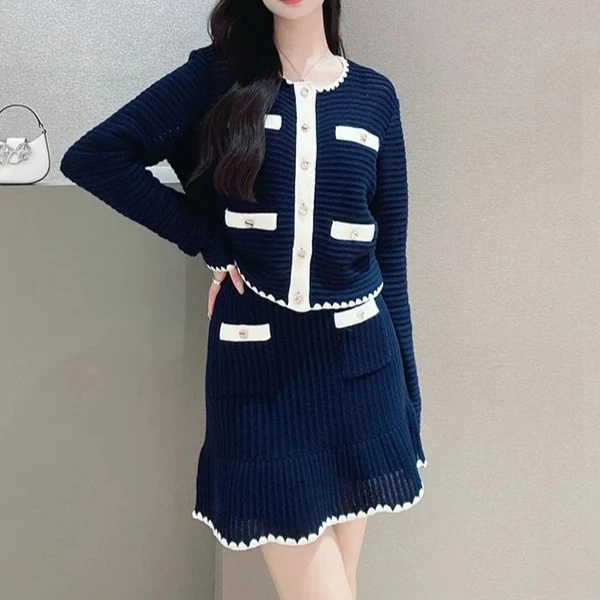 

2025 Fall Women's Knit Set Gold Button Cardigan & Mini Skirt Suit - Contrast Color O-Neck Sweater or Elastic Waist Outfit