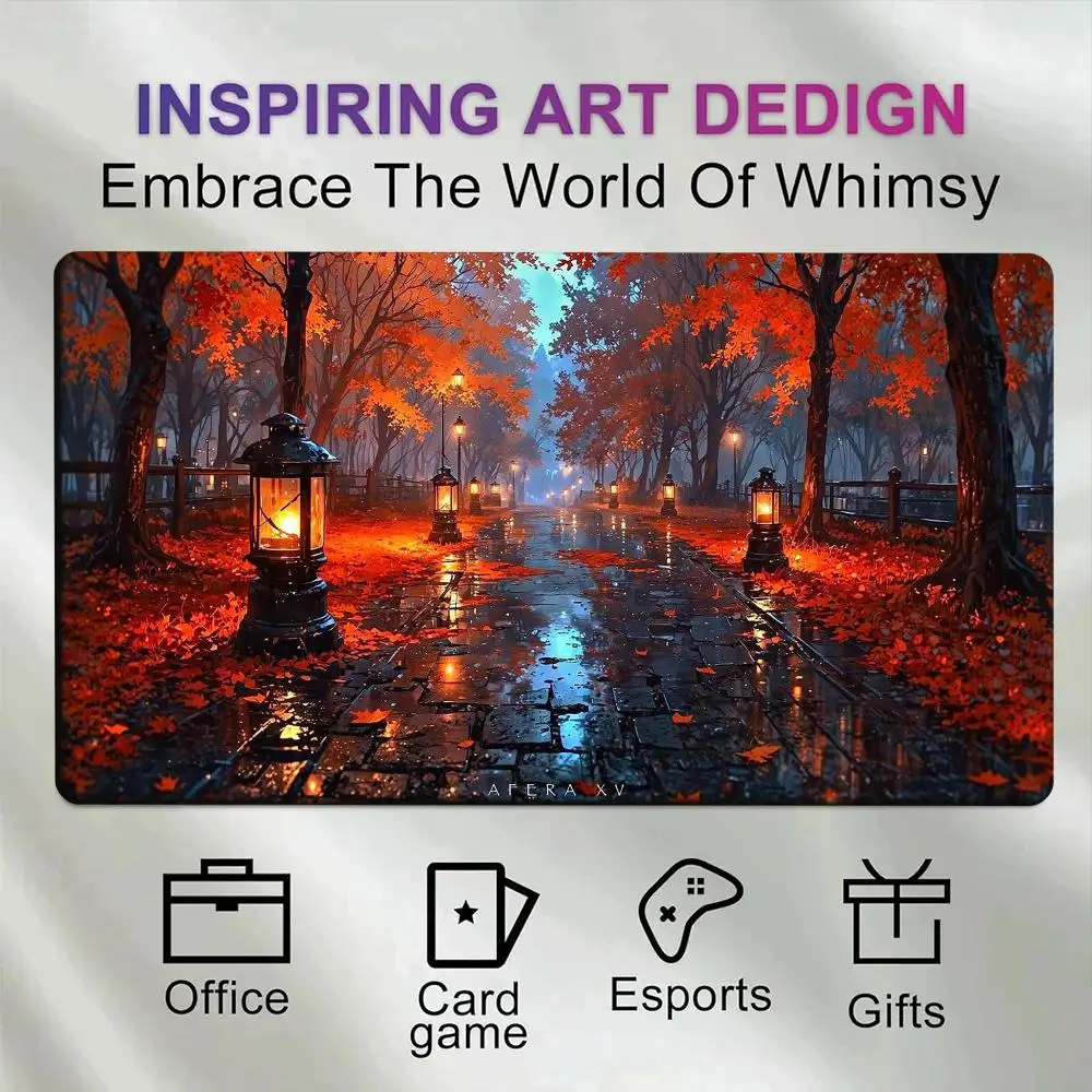 Rainy Autumn Maple Path Glowing Lanterns Road Reflection Landscape Gaming Mouse Pad Large Keyboard alfombrillas gaming