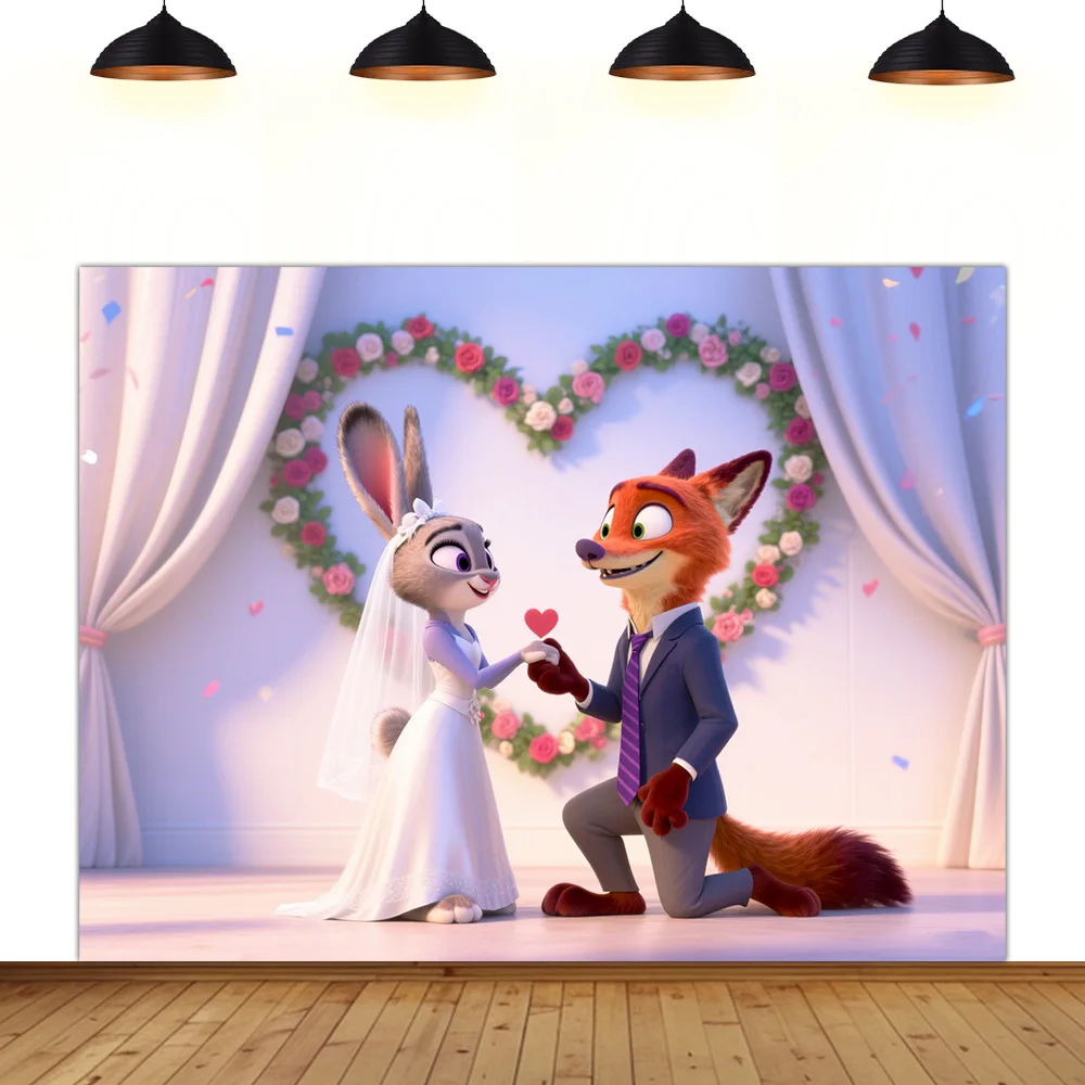 

wedding theme background Judy Nick Animal City rabbit fox lovers party Ceremony area decoration pink white photography backdrop