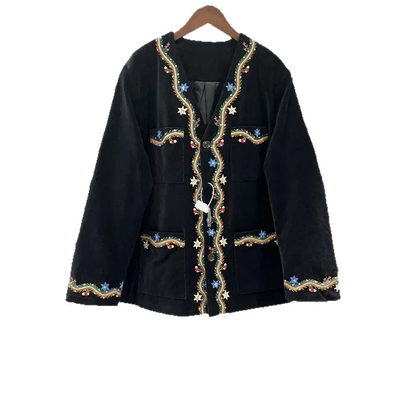 

【Gift Free】2025 French Niche Autumn Winter Luxury Velvet V-Neck Beaded Embroidered Color-Thread Loose Mid-Length Coat for Women