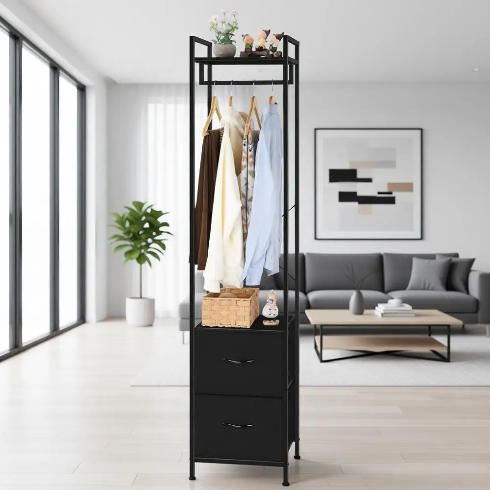 

Трехуровневая прочная вешалка для одежды с тканевыми ящиками и полками для хранения, идеально подходит для спальни, прихожей, гостиной - черная