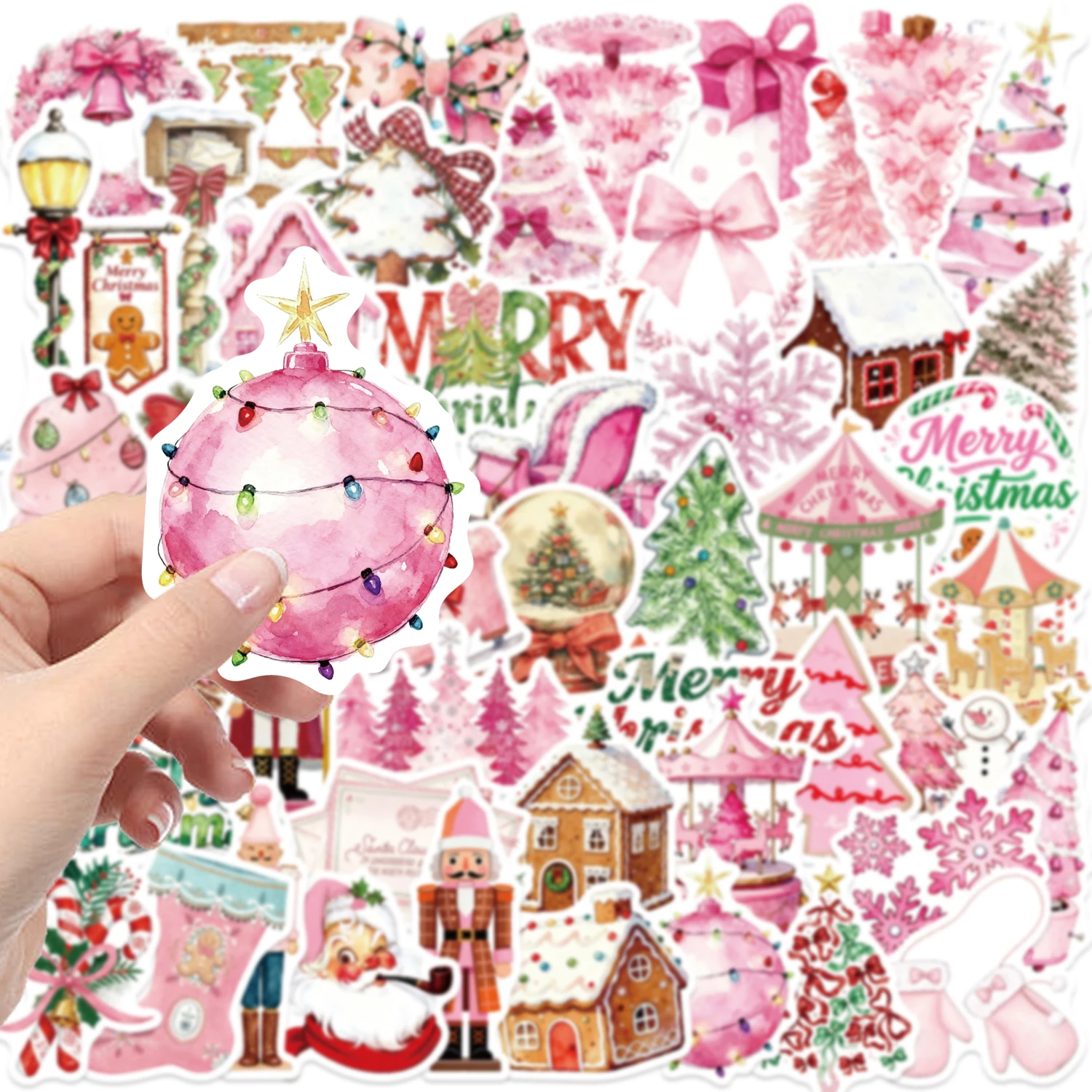 50PCS Rosa Weihnachten Aufkleber Cartoon Schmetterling Glocke Wasserdichte PVC Aufkleber für Telefon Laptop Gitarre Wasser Tasse