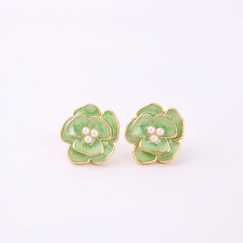 Drip oil pearl craft colorful flower earrings stainless steel retro sweet petal earrings niche non collision style
