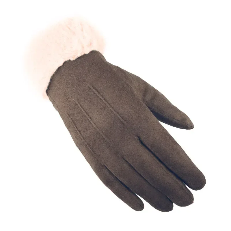 

Теплые двойные утолщенные плюшевые кашемировые перчатки для женщин, милые меховые варежки, замшевые кожаные кружевные зимние перчатки для вождения с сенсорным экраном
