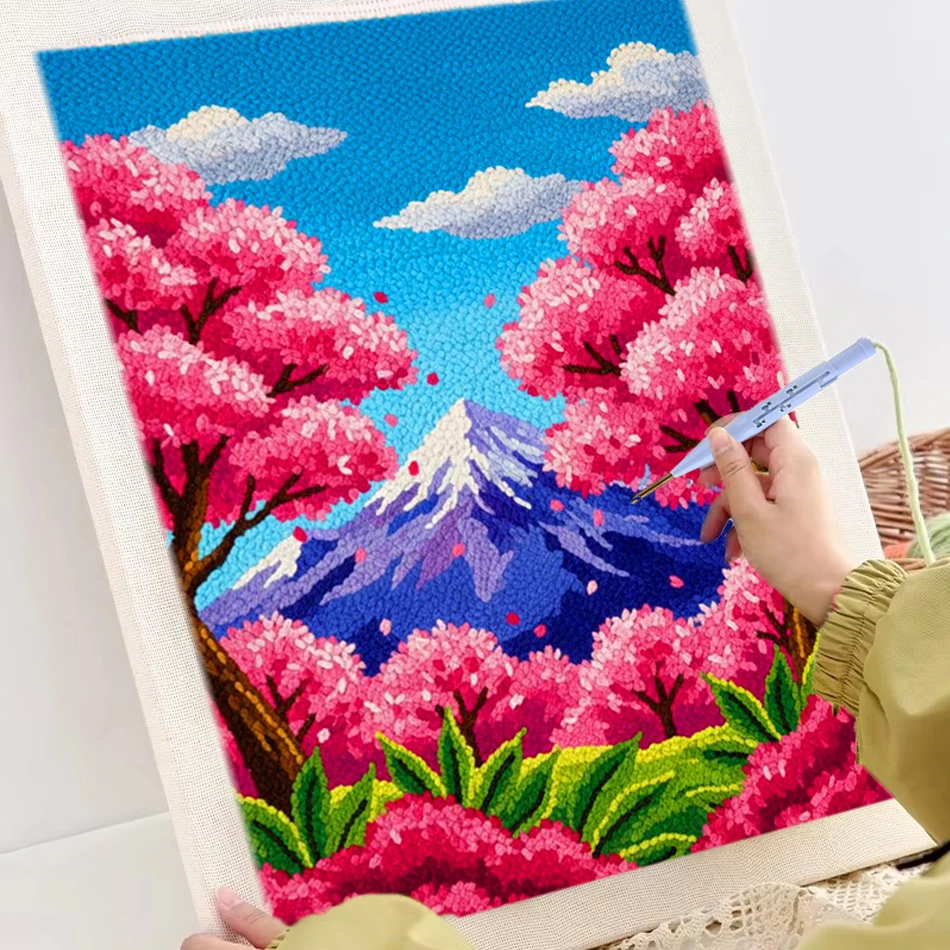 

Punch Needle Embroidery Starter Kits With Frame For Beginner Cherry Blossom Landscape Sewing Diy Kit Poking Yarn Painting 25x30c