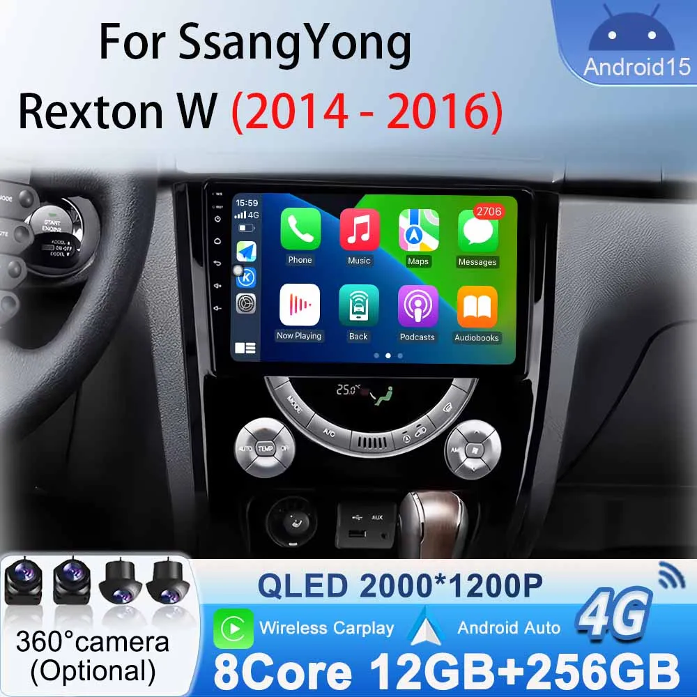 GPS Navigation Android Auto for SsangYong Rexton W 2014 - 2016 Android 15 Car Radio Stereo Multimedia Player BT Wireless Carplay
