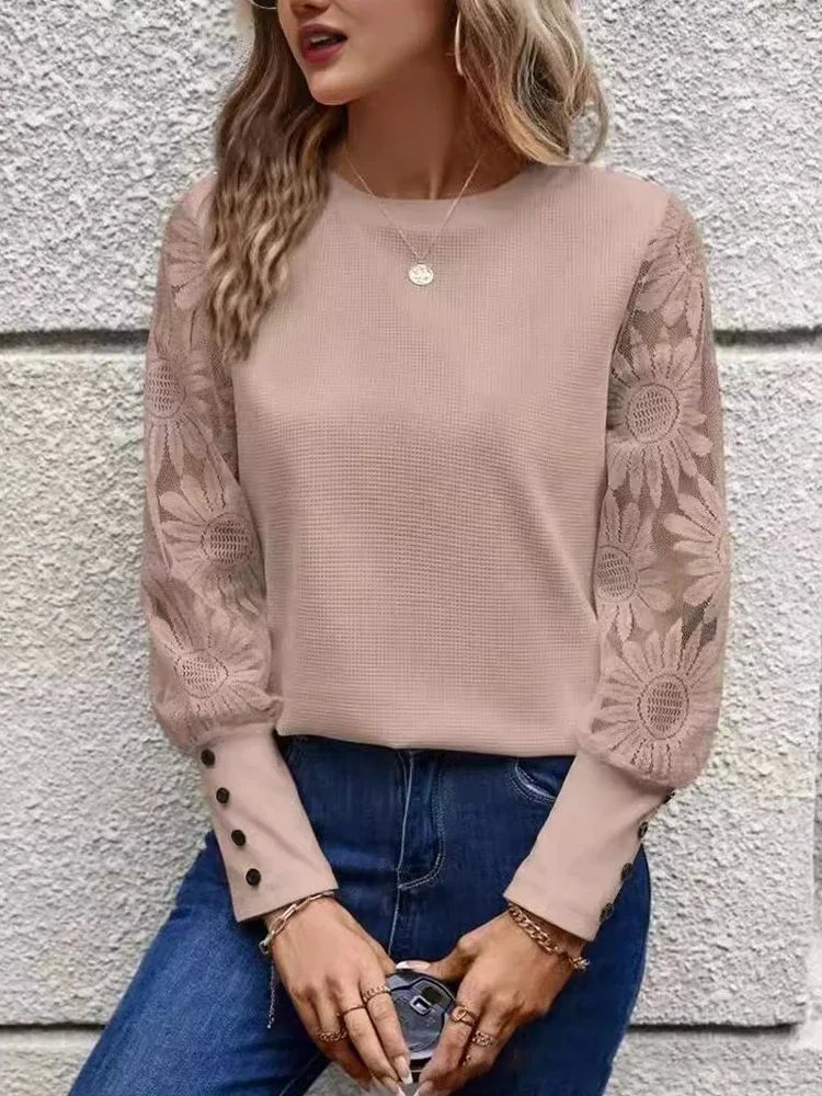 2024 Winter Button Solid Color Long Sleeved Women Pullover Round Collar Jacquard Black Shirts Comfortable Flowers Woman Clothes