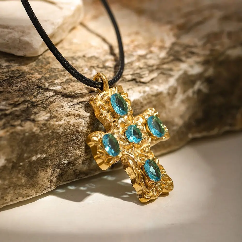 

Metal Vintage Necklace Irregular Stainless Steel Cross Pendant Necklace Accessories Colored Zircon Exaggerated Necklace Jewelry
