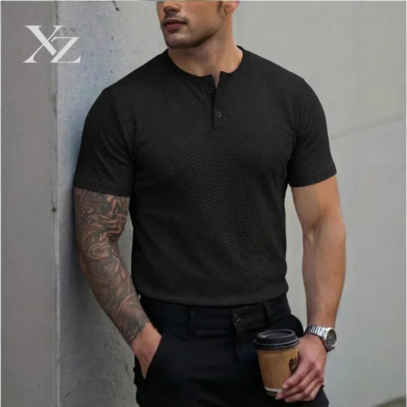 Men's Short-Sleeve Henley Collar Polo Shirt, Summer Casual Button-Down Placket T-Shirt, Street Style Base Layer, S-3XL