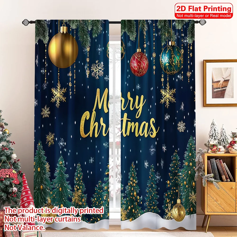 

2pcs 2D flat printing Christmas Window Curtains Merry Christmas Tree, Pine Tree, Christmas Ball, Snowflake Green Christmas Tree,
