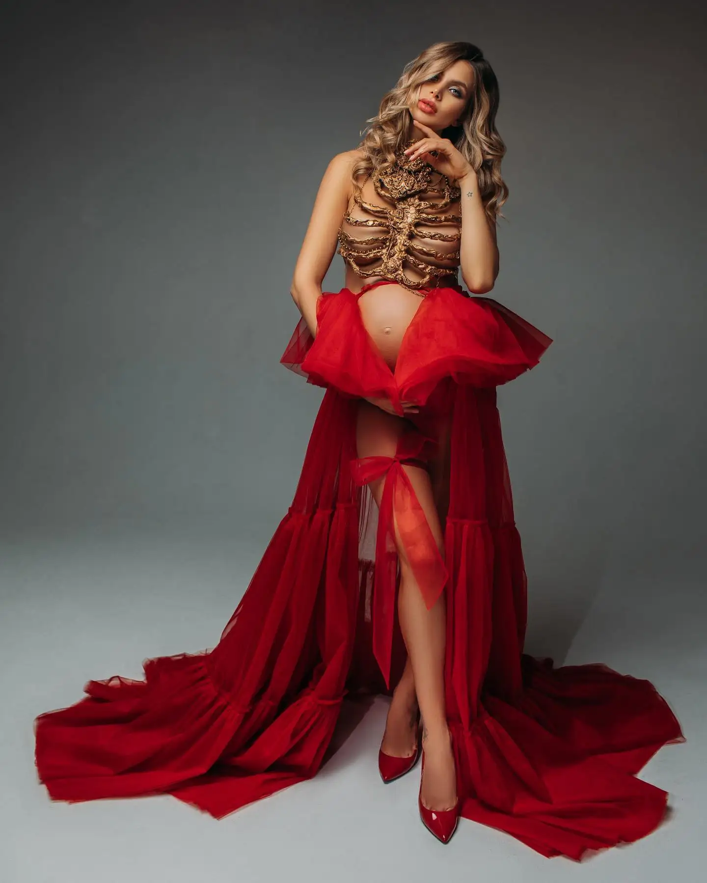 Handmade Red Long See Thru Women Detachable Train Bridal Overlay Skirt Female Maxi Skirt To Photoshoots Long Tutu Tulle Skirt