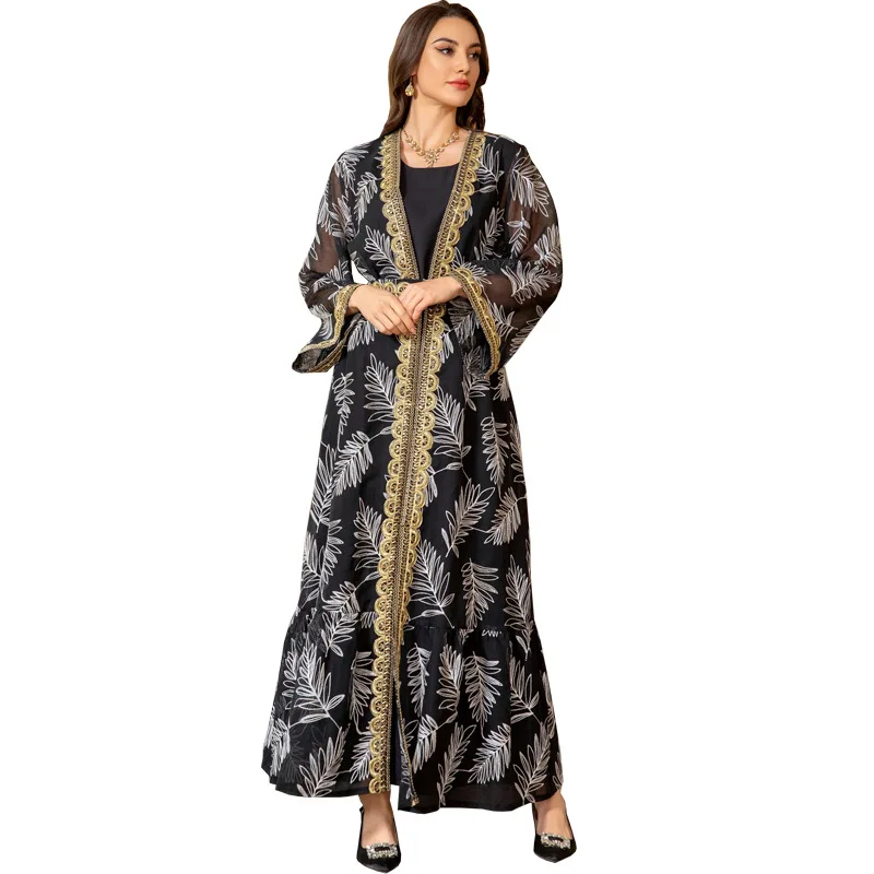 

Dubai Summer Muslim Two Piece Set Eid Party Tulle Two Piece Set Embroidered Gold Abaya Two Piece Set Ramadan Mesh Ensemble