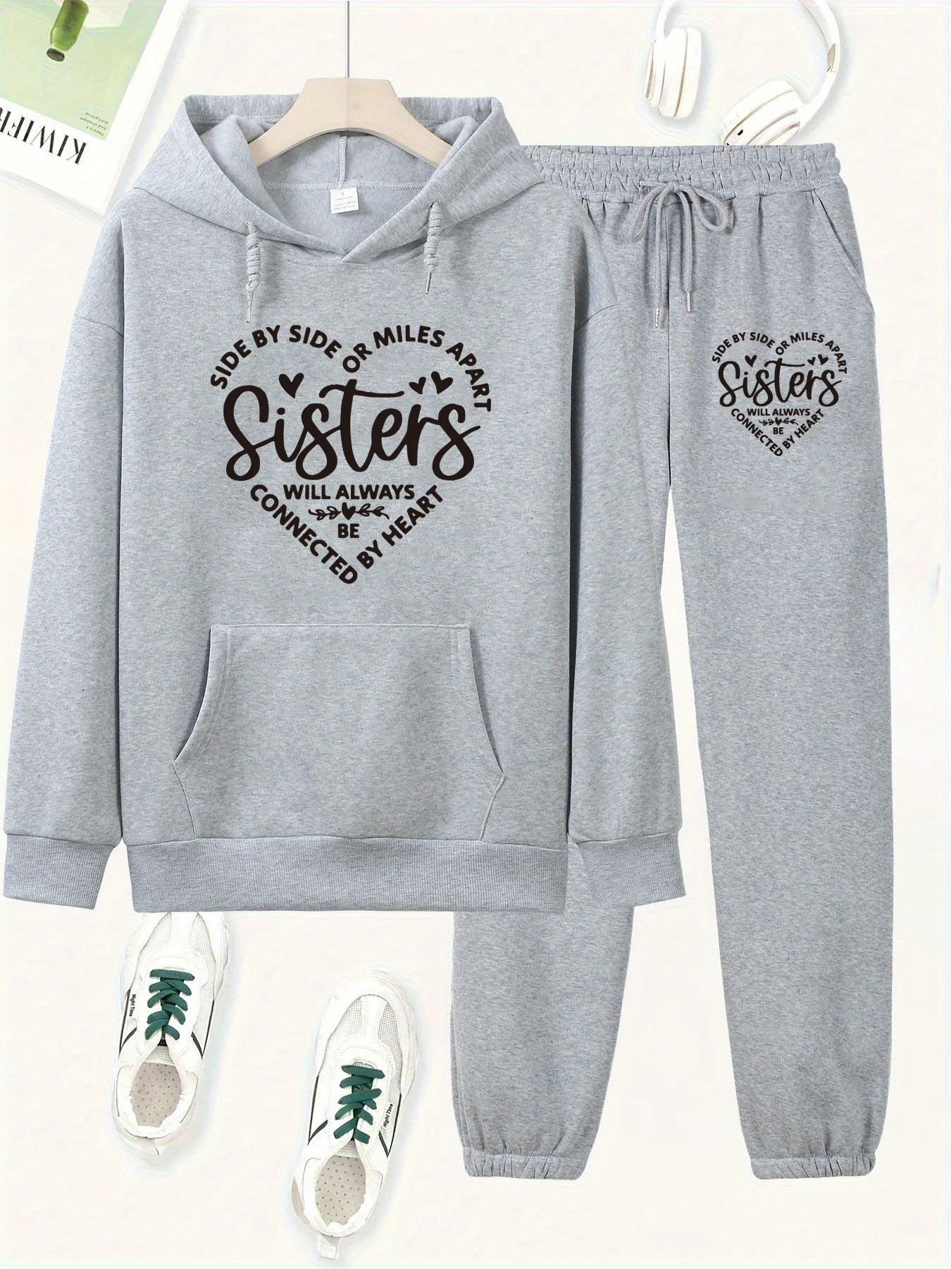 

Женская осенне-зимняя модная повседневная толстая и плюшевая теплая толстовка с капюшоном и спортивные штаны с буквенным принтом, комплект