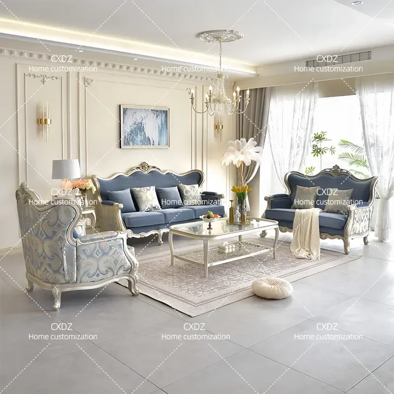 American light luxury solid wood carving flower sofa European villa sofa size apartment high-end soft bag sofa combination